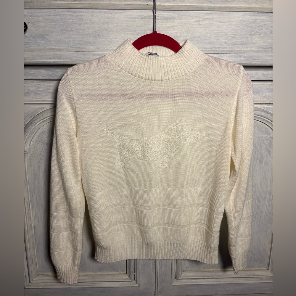 Vintage Cream Schnauzer Dog Terrier Embroidered Mockneck Sweater Grandma Dainty